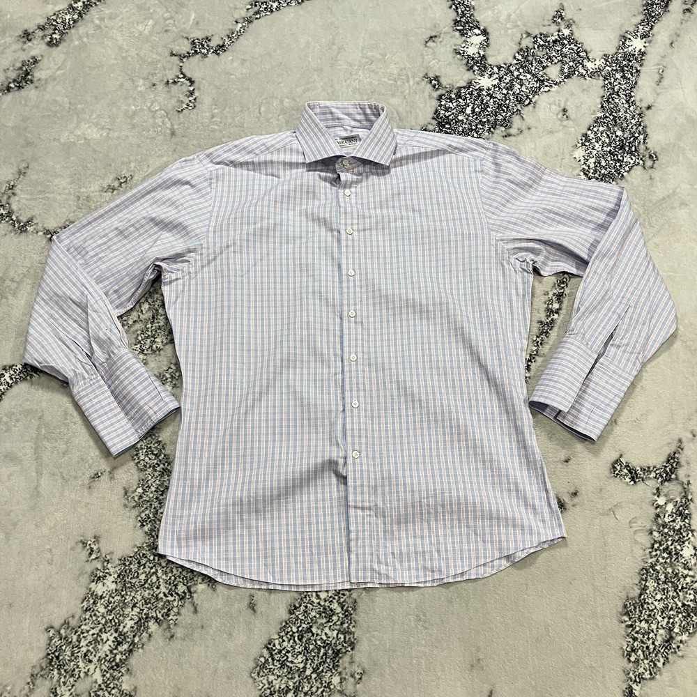 Hemrajani Brothers Mens Dress Shirt L Blue Pink Check Button Front Barrel Cuff